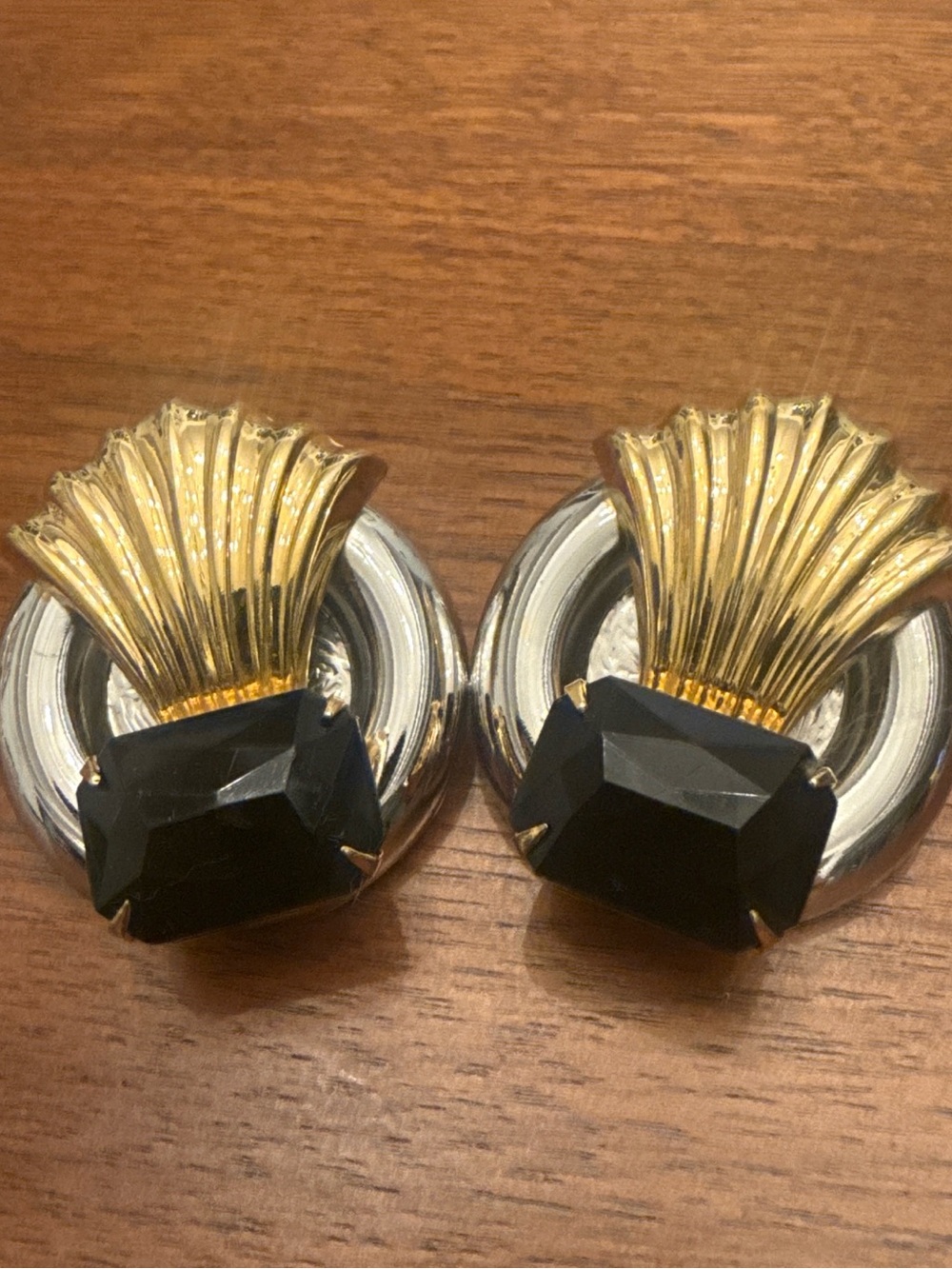 Vintage Gold & Silver Tone Black Rhinestone Statement Clip Earrings
